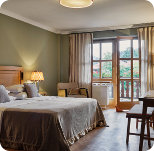 Hotel room interior with garden view